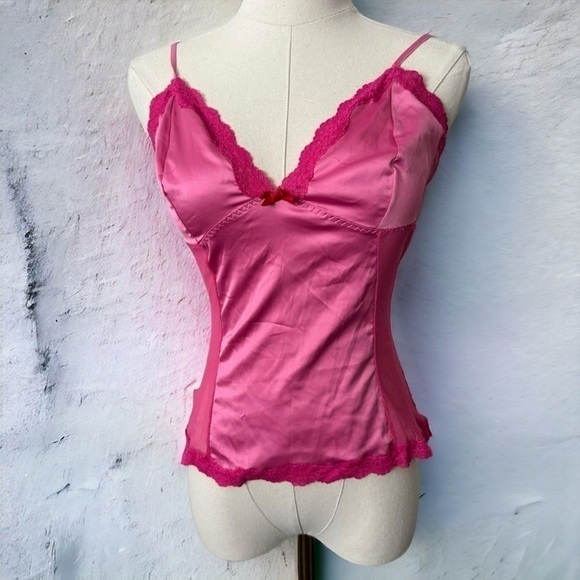 Coquette vintage Y2K Lolita Barbie Pink Dup Tone satin  lace trim top M - Picture 1 of 6
